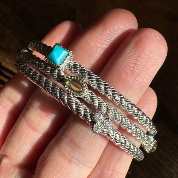 Judith Ripka Sterling Silver Roped Bangle Bracelets Gemstones Turquoise Peridot - Picture 3 of 8